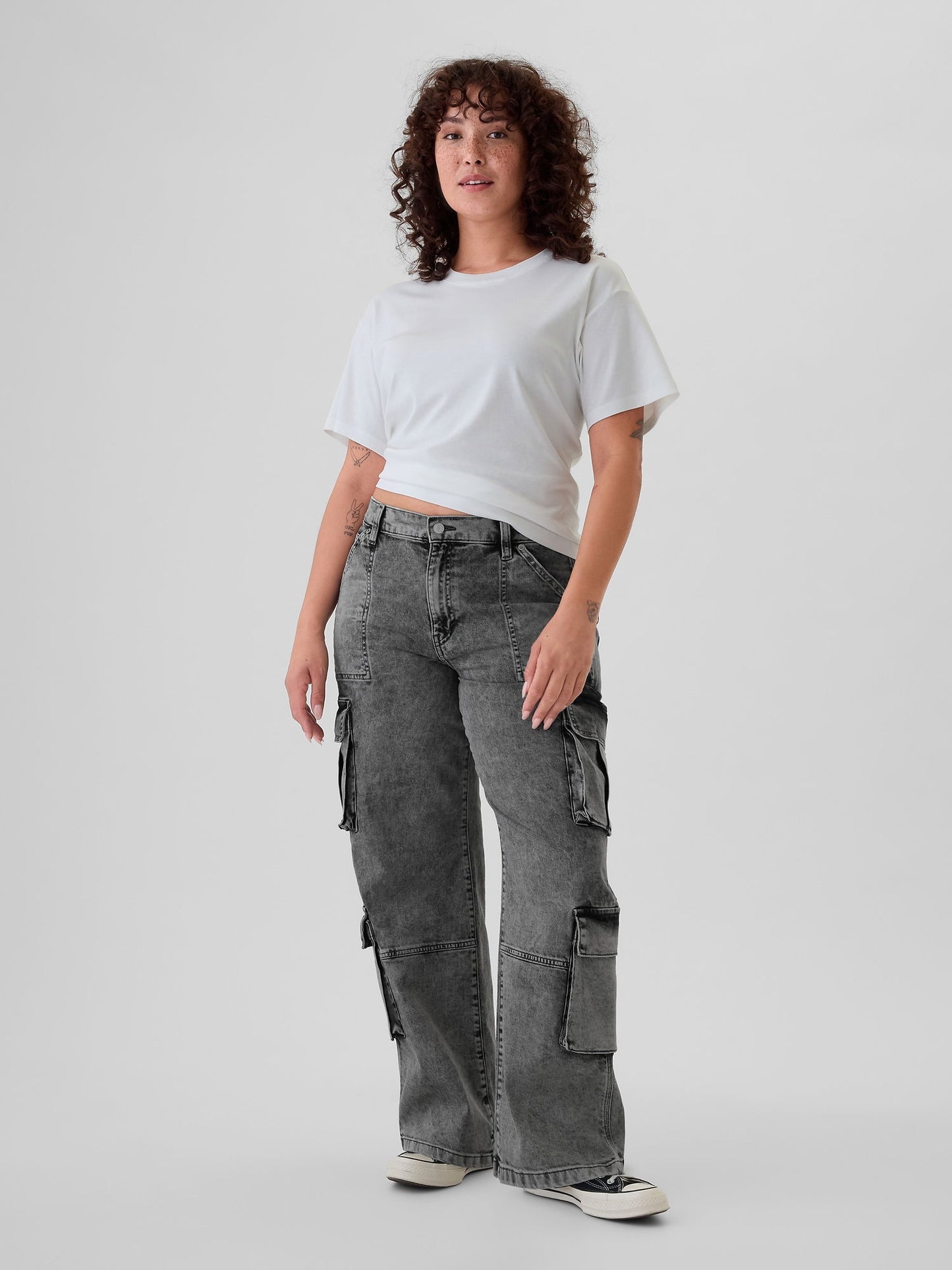 Siyah Mid Rise Double Cargo '90s Loose Jean Pantolon