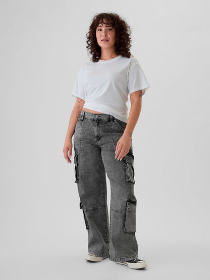 Siyah Mid Rise Double Cargo '90s Loose Jean Pantolon