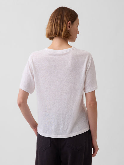 Beyaz Keten Karışımlı Relaxed T-shirt
