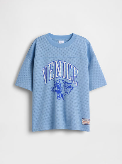 Açık Mavi Mesh Oversized Grafik Jersey T-shirt