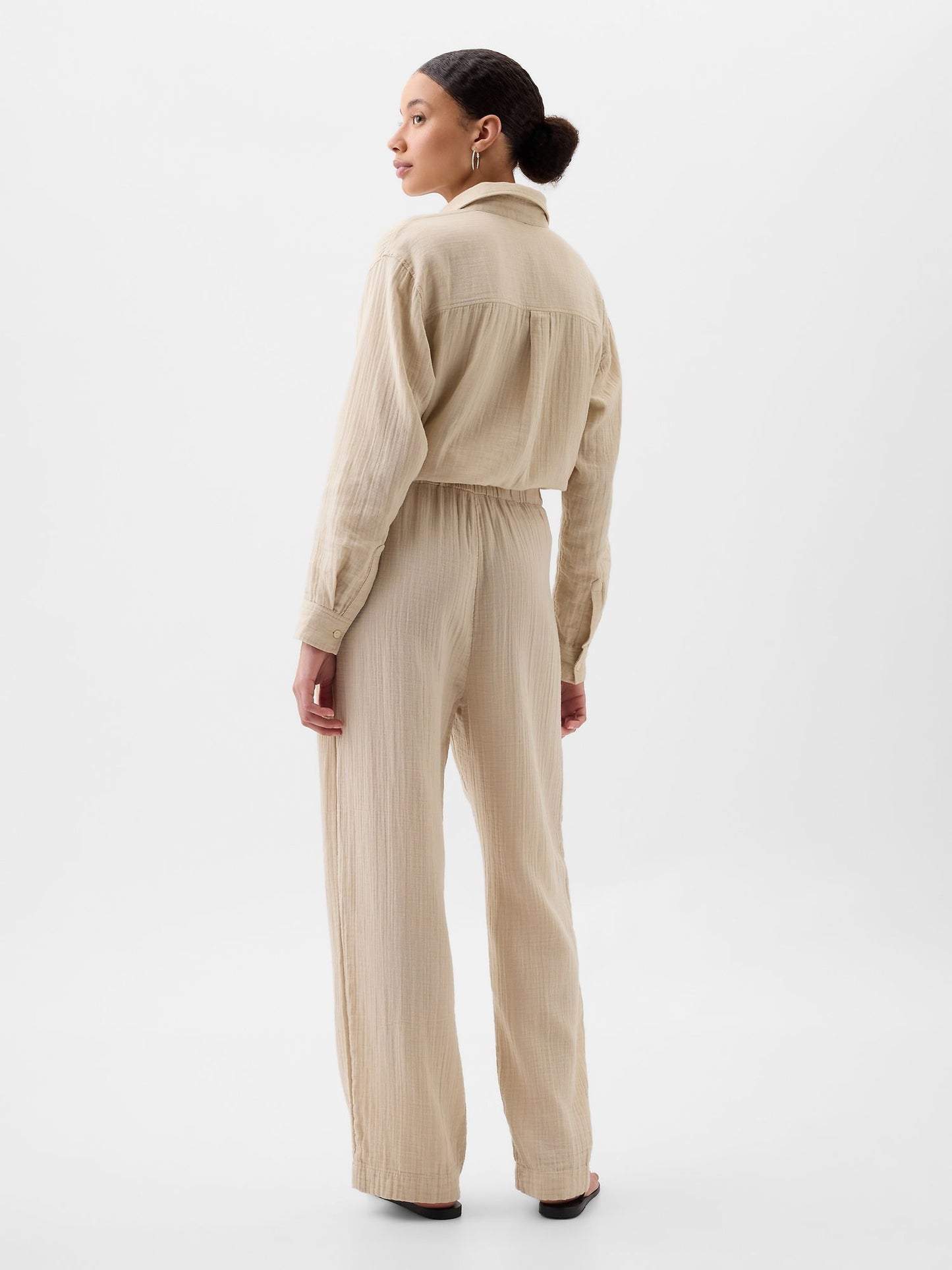 Bej Mid Rise Gauze Wide-leg Pull-on Pantolon