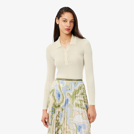 Lacoste Kadın Regular Fit Polo Yaka Beyaz Kazak