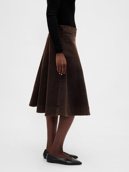 Koyu Kahverengi Denim Tulip Midi Etek