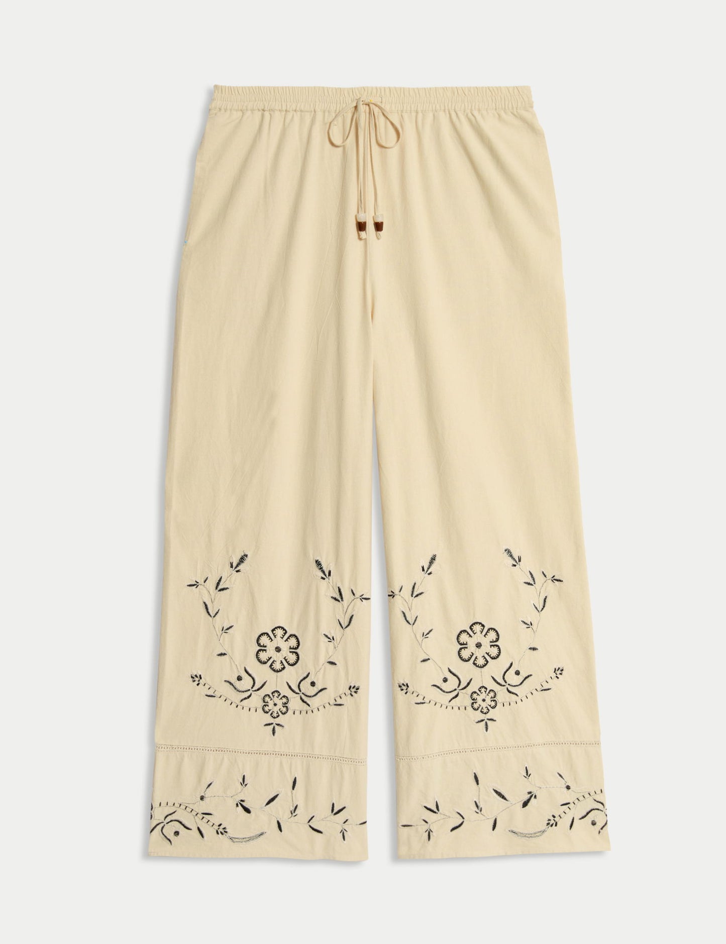 %100 Pamuklu Nakışlı Bağcıklı Geniş Paça Pantolon