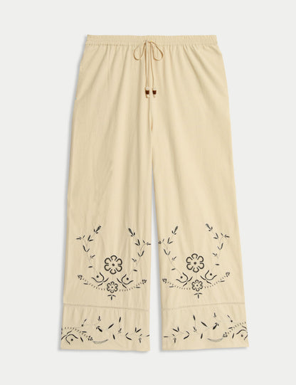 %100 Pamuklu Nakışlı Bağcıklı Geniş Paça Pantolon