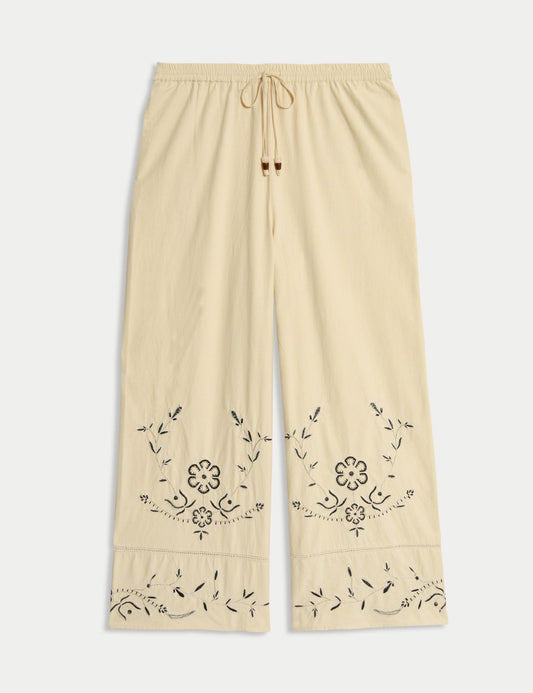 %100 Pamuklu Nakışlı Bağcıklı Geniş Paça Pantolon