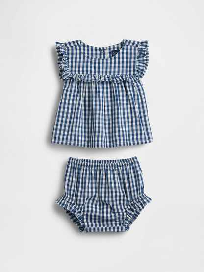 Lacivert Gingham Denim Volan Outfit Set