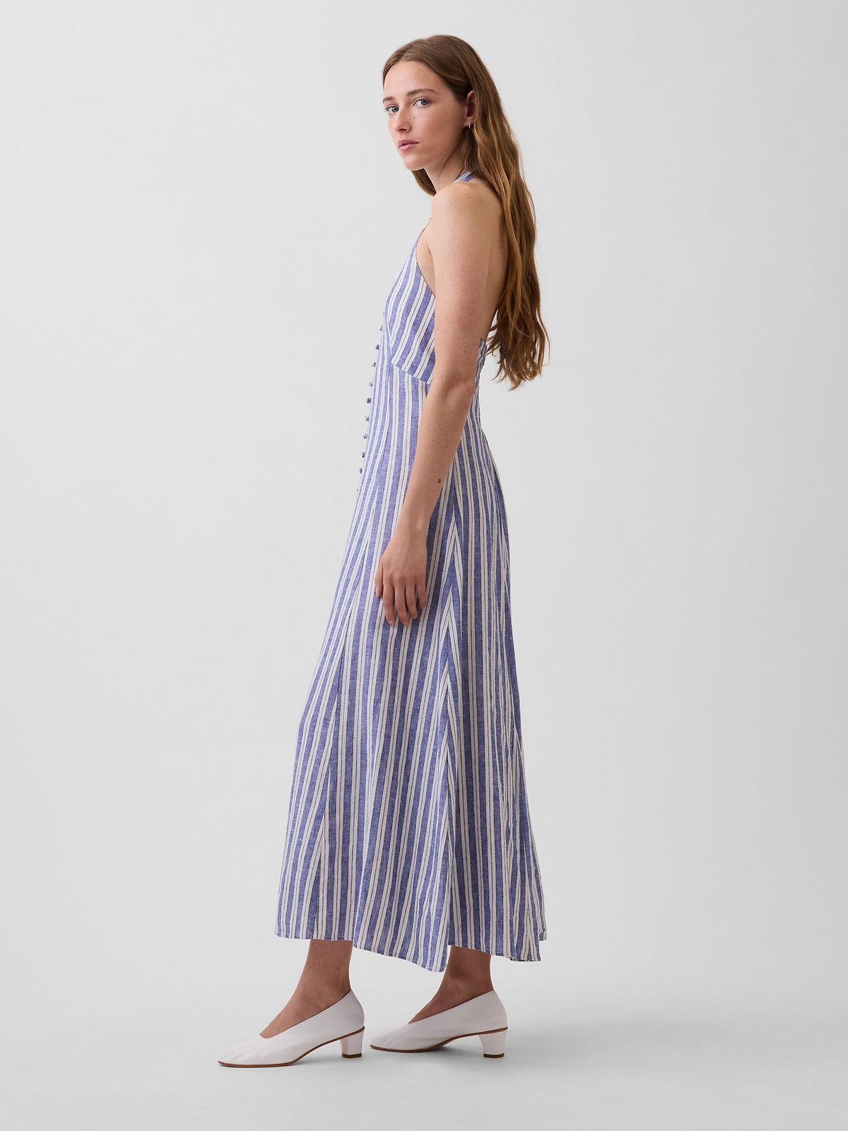 Mavi Keten Karışımlı Halter Maxi Elbise