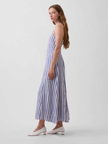 Mavi Keten Karışımlı Halter Maxi Elbise