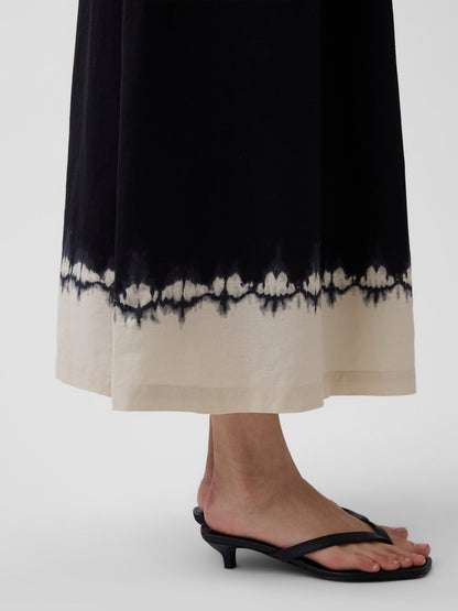 Siyah Keten Karışımı Drop-waist Korse Maxi Elbise