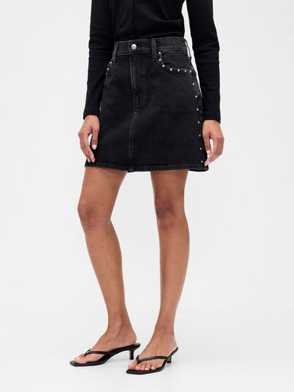 Siyah High Rise Denim Mini Etek