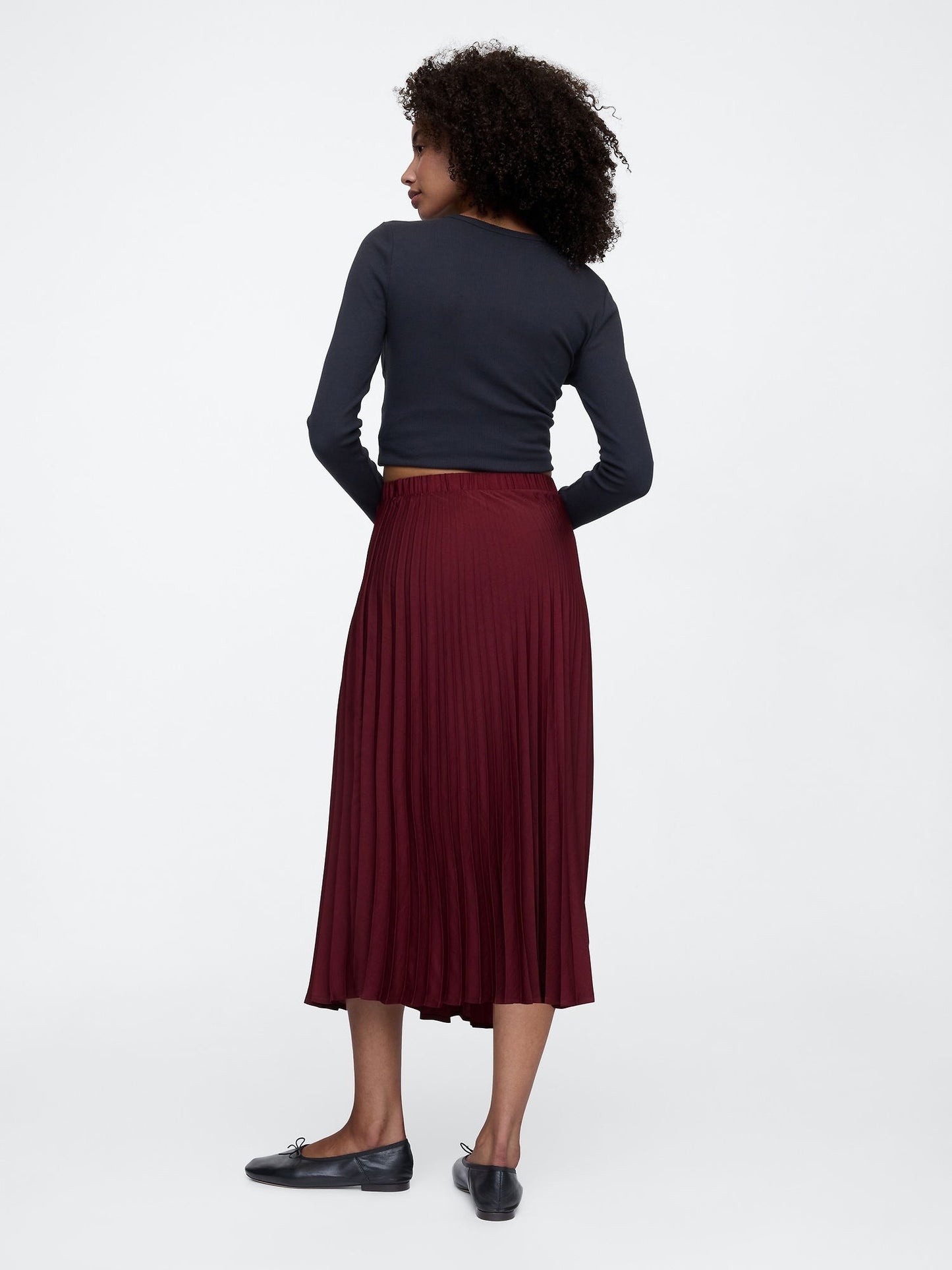 Bordo Pile Detaylı Saten Midi Etek