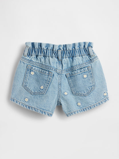 Açık Mavi Papatya Işlemeli Denim Stride Şort