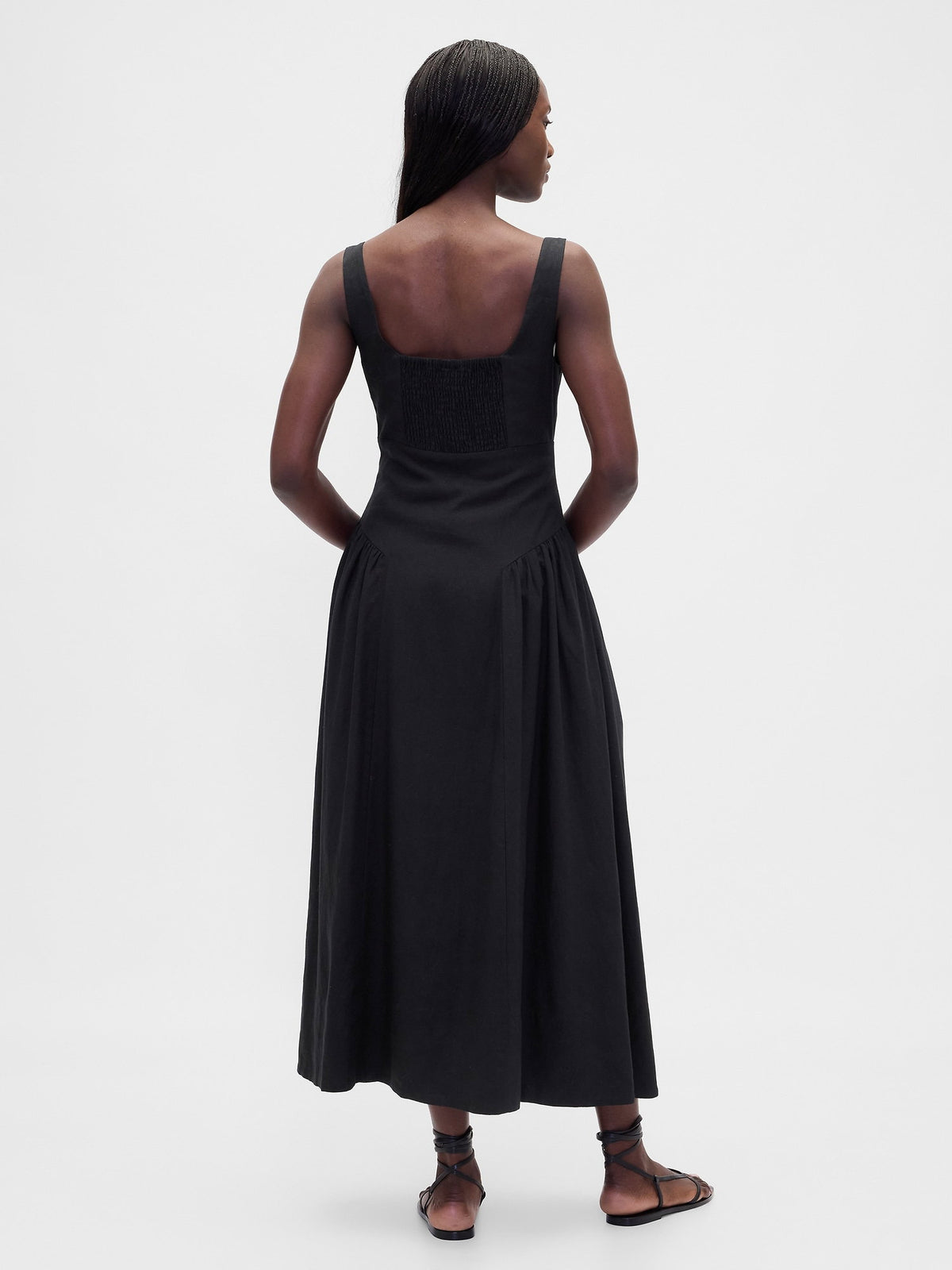 Siyah Keten Karışımı Shirred Maxi Elbise