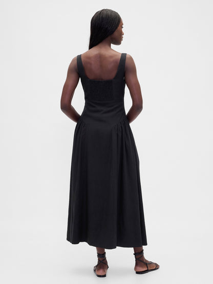 Siyah Keten Karışımı Shirred Maxi Elbise
