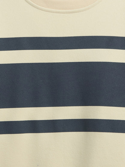 Krem Vintagesoft Çizgili Bisiklet Yaka Sweatshirt
