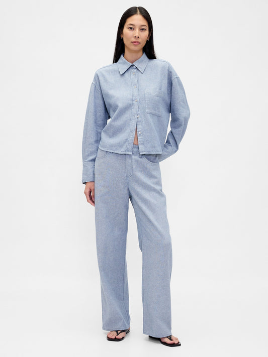 Mavi Keten Karışımı Wide-leg Pantolon