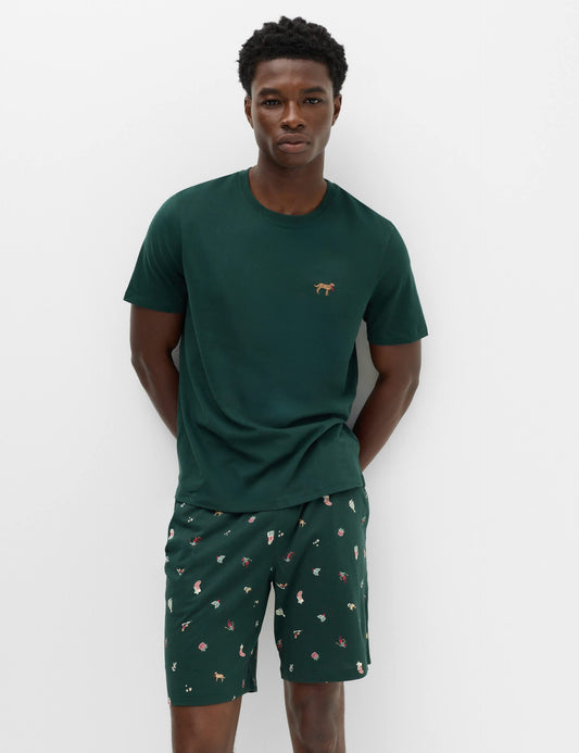 Saf Pamuklu Yılbaşı Desenli Kısa Pijama Takımı