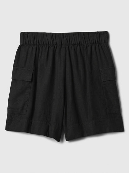Siyah Keten Karışımlı Pull-on Kargo Şort
