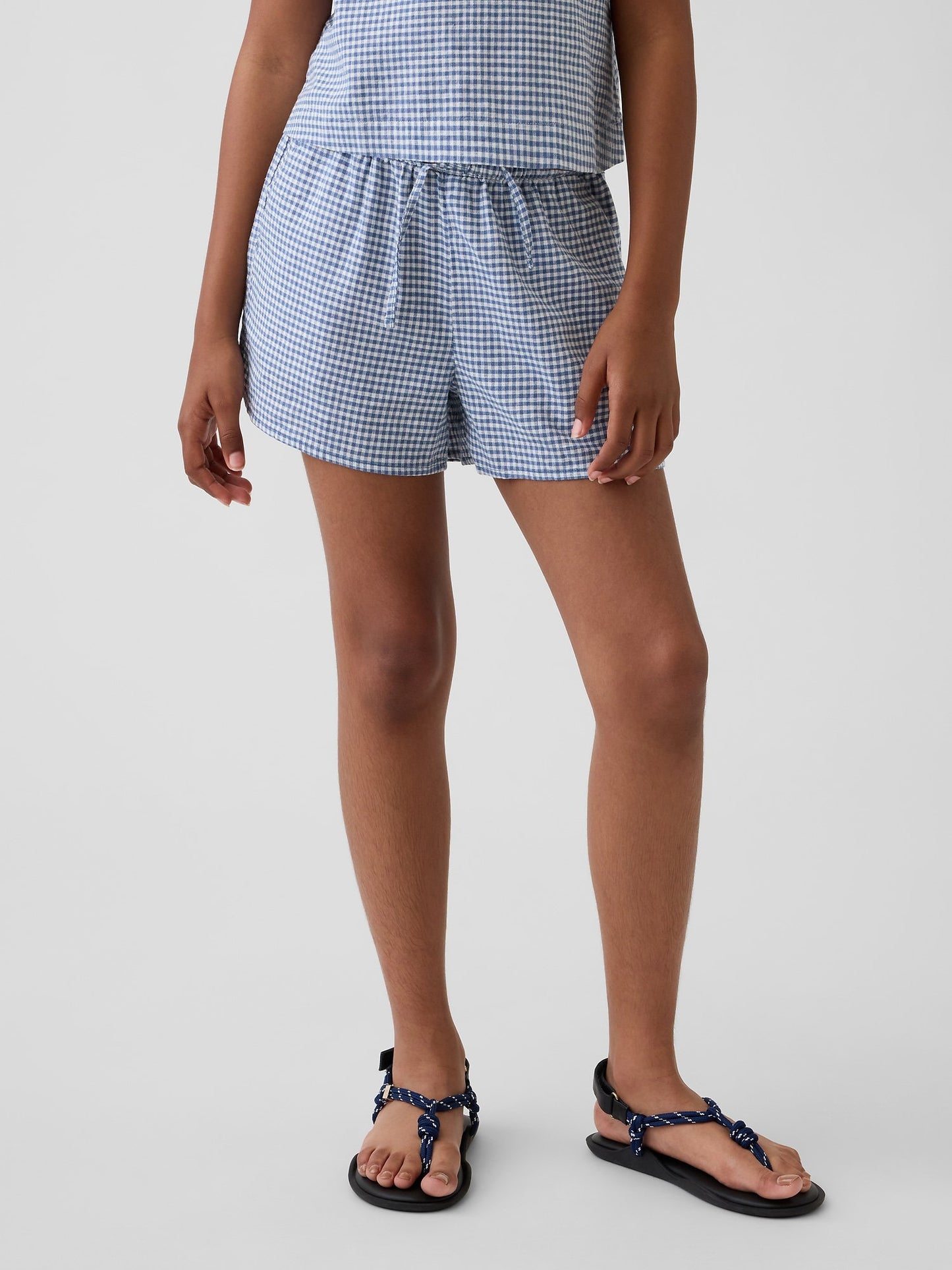 Mavi Keten Karışımlı Gingham Easy Şort