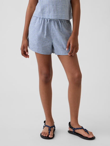 Mavi Keten Karışımlı Gingham Easy Şort