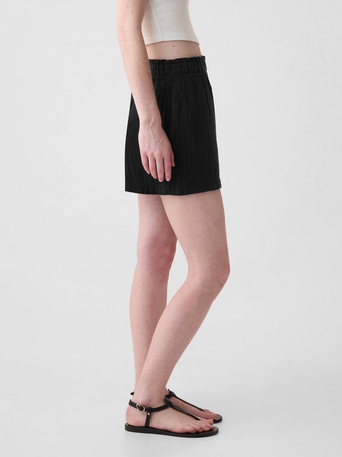 Siyah Crinkle Gauze Pull-on Şort