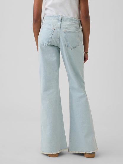 Açık Mavi Low Rise Lace-up Relaxed Flare Jean Pantolon