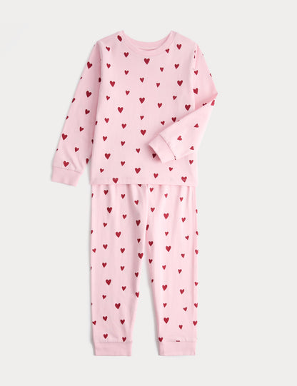 Saf Pamuklu Kalp Desenli Çocuk Pijama Takımı