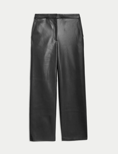 Deri Görünümlü Straight Leg Pantolon