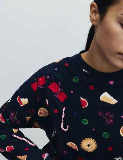 Saf Pamuklu Yılbaşı Desenli Pijama Takımı
