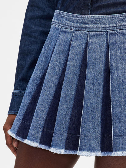 Koyu Mavi Pileli Denim Mini Etek