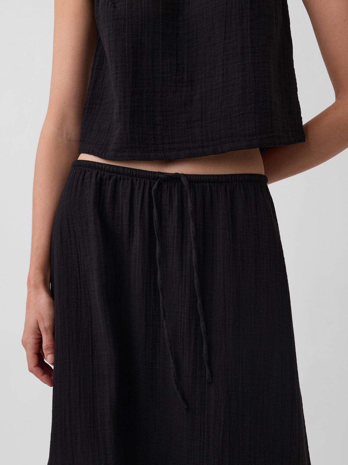 Siyah Pamuk Gauze Tiered Easy Maxi Etek