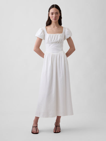 Beyaz Keten Karışımı Drop-waist Maxi Elbise