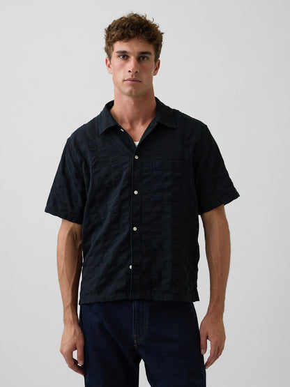 Siyah Dobby Relaxed Straight-hem Gömlek