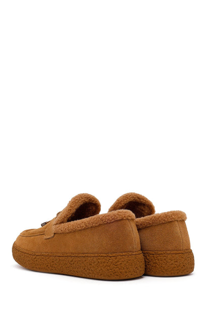 Kadın Camel Tokalı Kalın Tabanlı Süet Deri Teddy Loafer