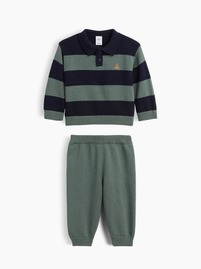 Lacivert Çizgili Polo Kazak Outfit Set