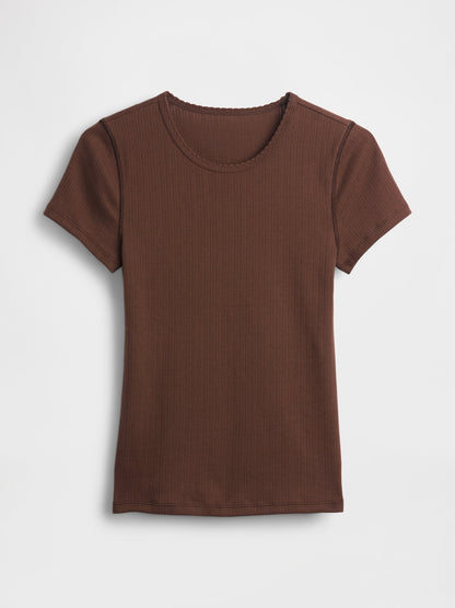 Kahverengi Pointelle Bisiklet Yaka T-shirt