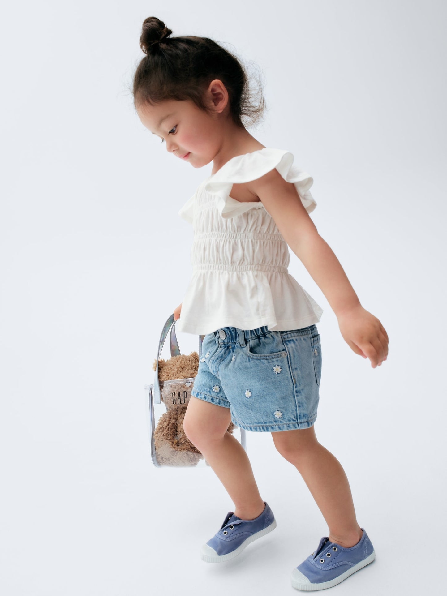 Açık Mavi Papatya Işlemeli Denim Stride Şort