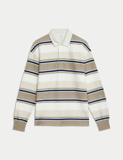 Saf Pamuklu Çizgili Rugby Sweatshirt