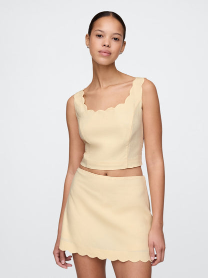 Bej Keten Karışımlı Crop Askılı Bluz