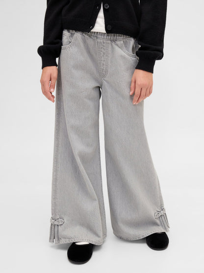 Gri Kids Düşük Bel Fiyonk Yırtmaçlı Baggy Jean Pantolon
