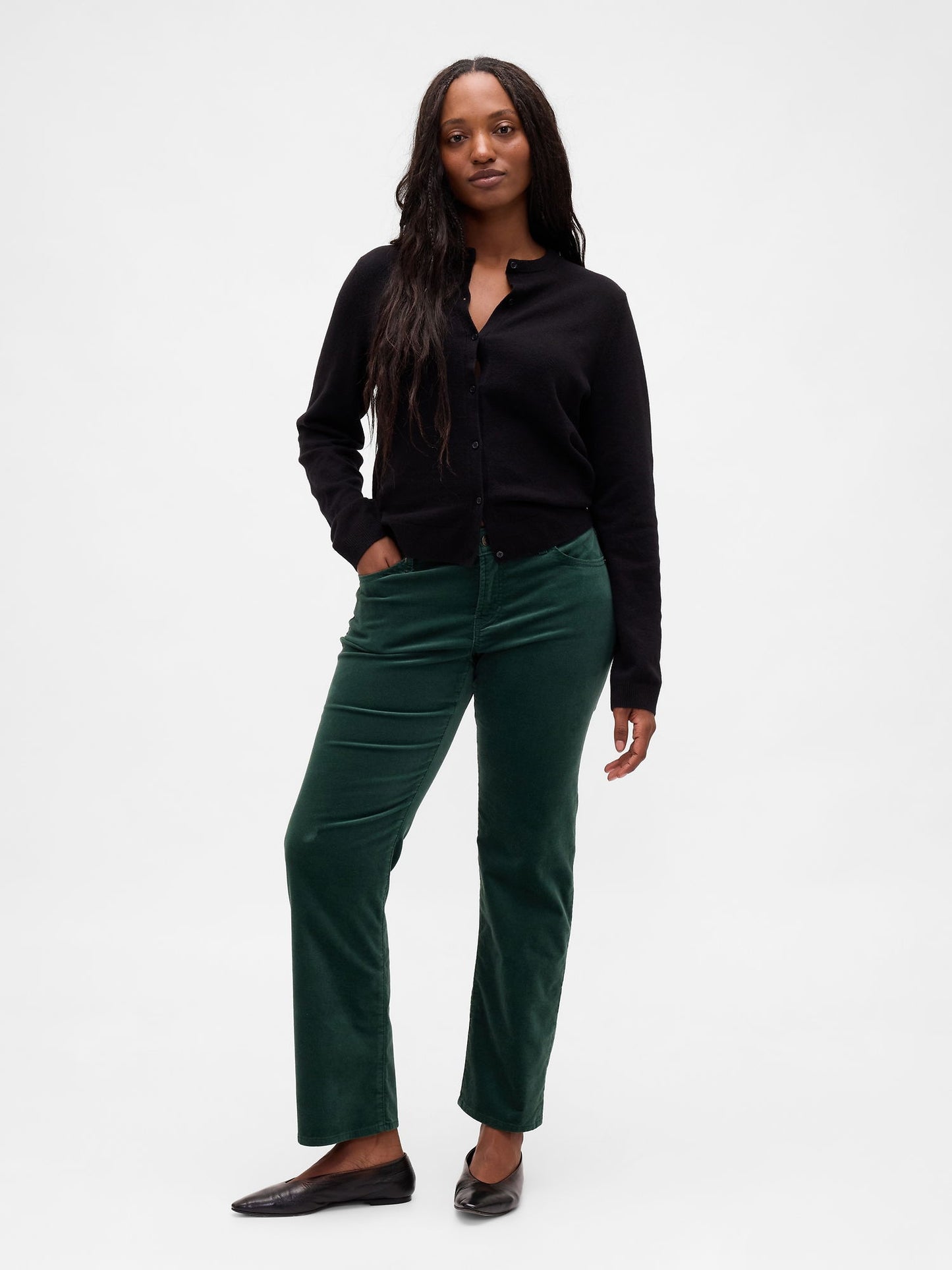 Yeşil Low Rise Kadife '90s Slim Pantolon