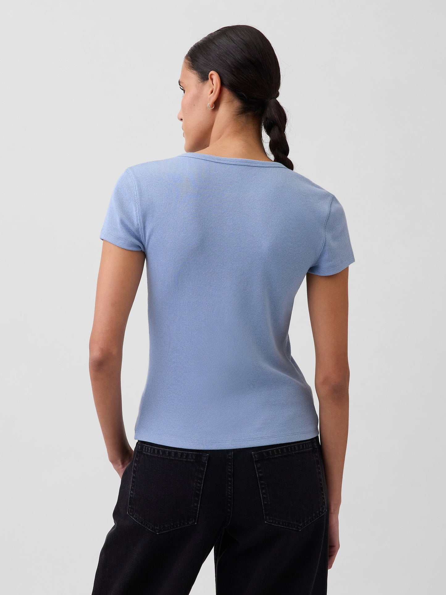 Açık Mavi Modern Fitilli Düğmeli Bisiklet Yaka T-shirt