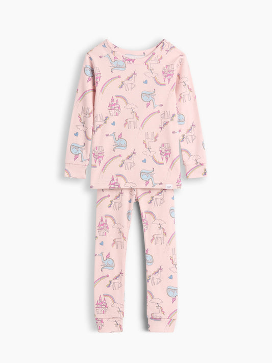Pembe Organik Brushed Pamuk Unicorn Grafik Baskılı Pijama Takımı