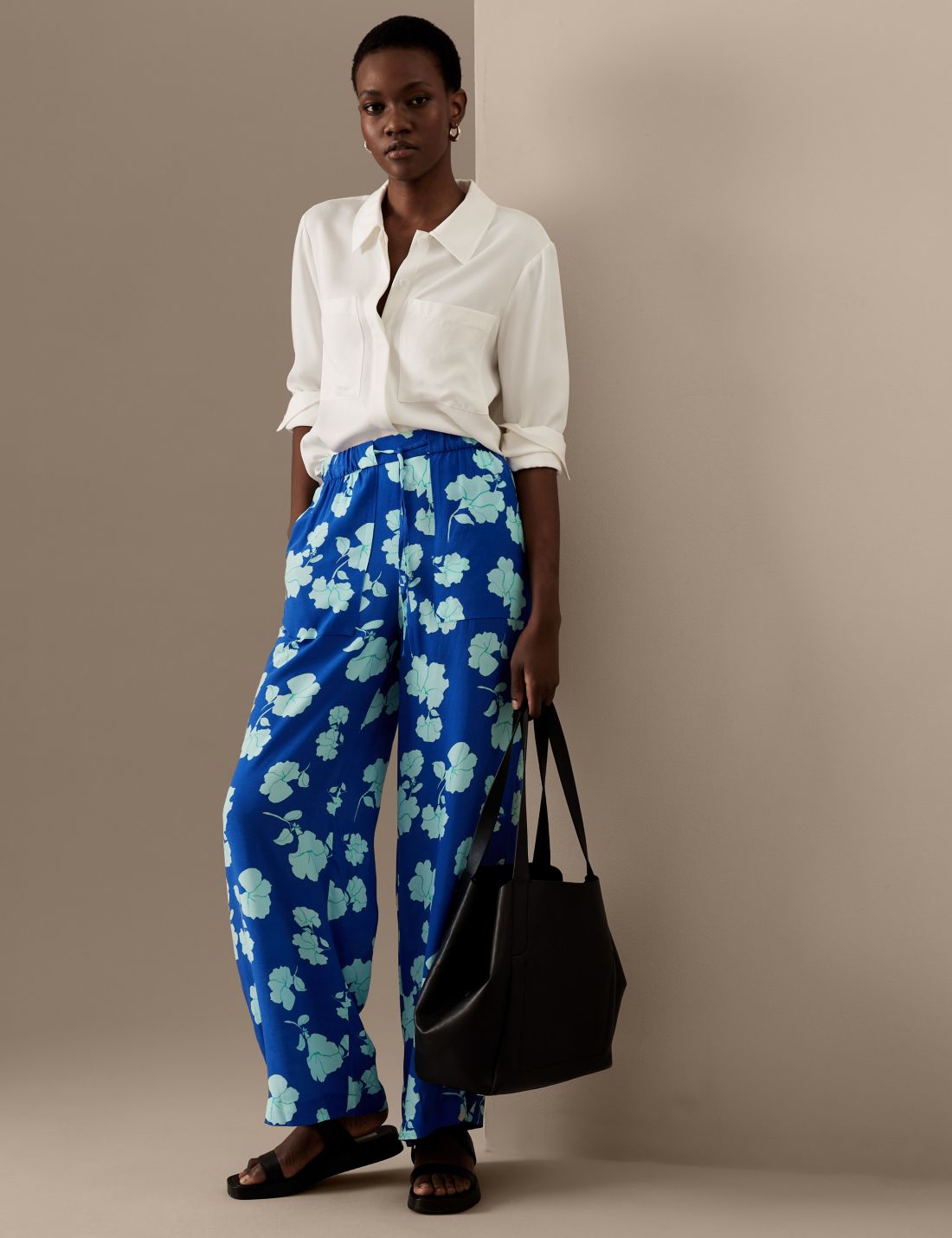 Yüksek Bel Desenli Wide Leg Pantolon