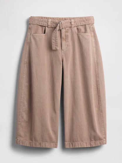 Bej Mid Rise Kemerli Culotte Barrel Pantolon