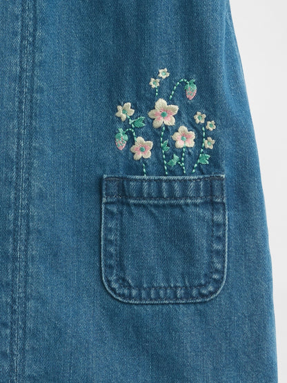 Mavi Çiçekli Işlemeli Denim Tulum