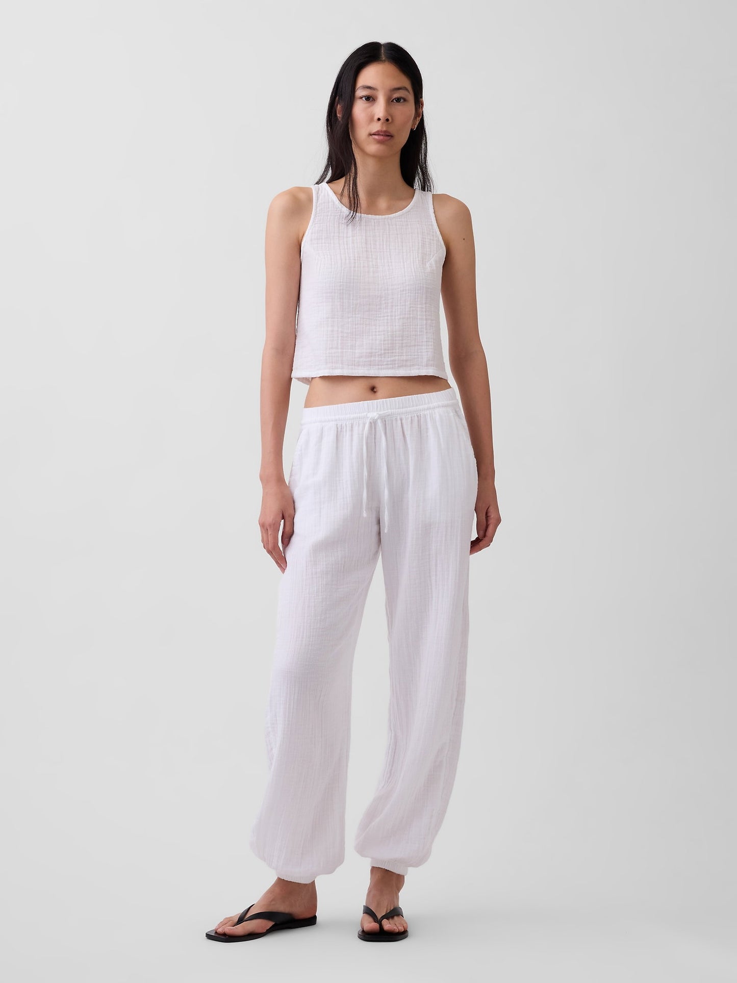 Beyaz Pamuk Gauze Barrel Jogger Pantolon