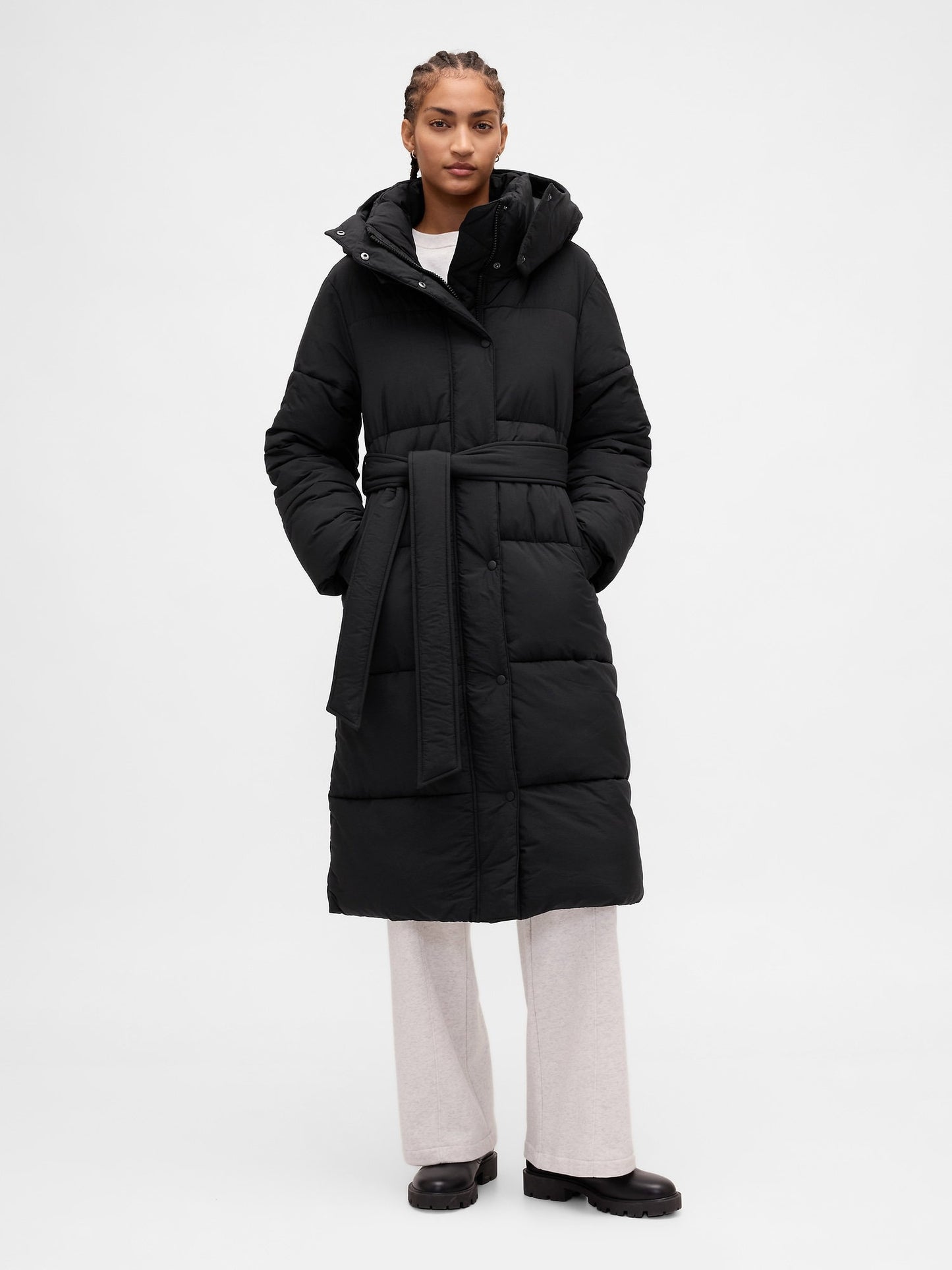 Siyah Belted Long Puffer Şişme Kaban