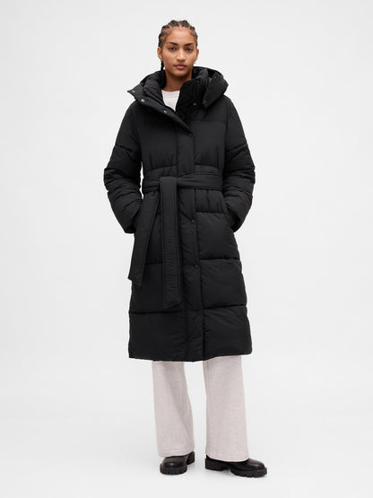 Siyah Belted Long Puffer Şişme Kaban
